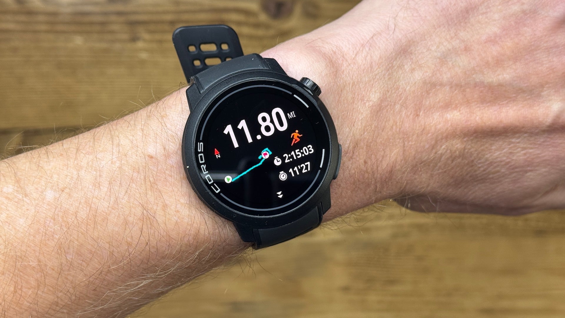 The Coros Pace Pro sport watch on the wrist of running watch reviewer Kieran Alger