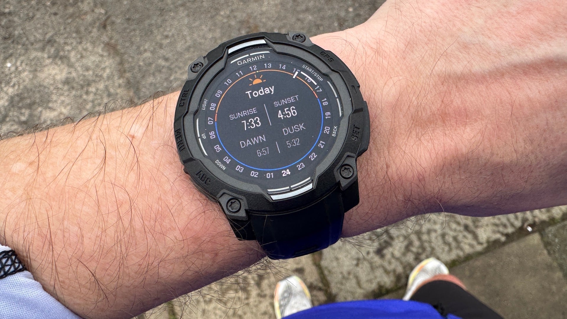 The Garmin Instinct 3 on runner Kieran Alger's wrist