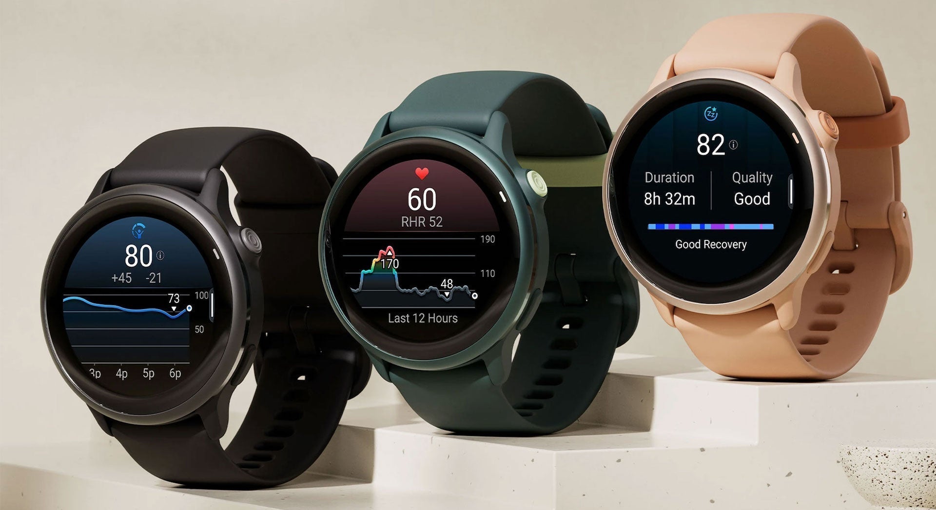 Slate, Green, and Pink Garmin vivoactive 6 fitness watches with different data configurations on the displays